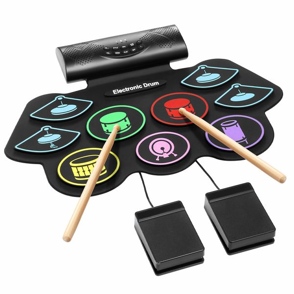 9 Pads Electronic Drum Kit Electric Digital USB Roll Up Bluetooth Practice Pad Speaker Headphone Jack Beginner Musical Instrument Drumsticks Colourful