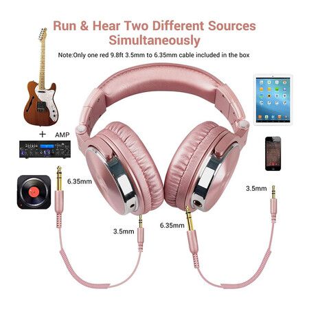 Wired Bass Headsets with 50mm Driver, Foldable Lightweight Headphones with Shareport and Mic for Recording Monitoring Podcast Guitar PC TV (Rose Gold)