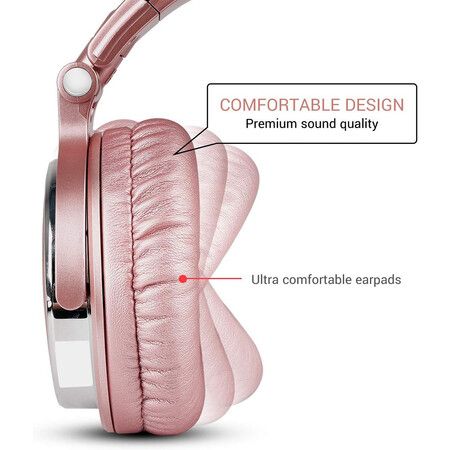 Wired Bass Headsets with 50mm Driver, Foldable Lightweight Headphones with Shareport and Mic for Recording Monitoring Podcast Guitar PC TV (Rose Gold)