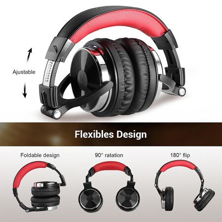 Wired Bass Headsets with 50mm Driver, Foldable Lightweight Headphones with Shareport and Mic for Recording Monitoring Podcast Guitar PC TV (Black and Red)