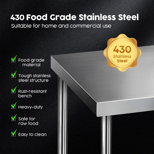 Stainless Steel Kitchen Bench Workbench Island Food Prep Table Countertop Benchtop Work Desk Adjustable Storage Shelf 430 Commercial 182.9x61cm