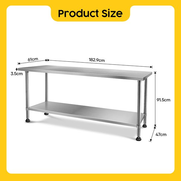 Stainless Steel Kitchen Bench Workbench Island Food Prep Table Countertop Benchtop Work Desk Adjustable Storage Shelf 430 Commercial 182.9x61cm