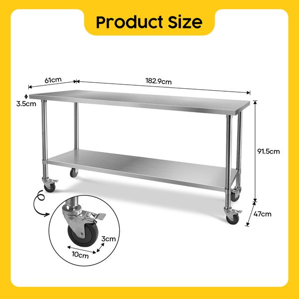 Kitchen Work Bench Stainless Steel Countertop Food Prep Table Island Cart Rolling Trolley with Wheels Benchtop Storage 430 Commercial 182.9x61cm