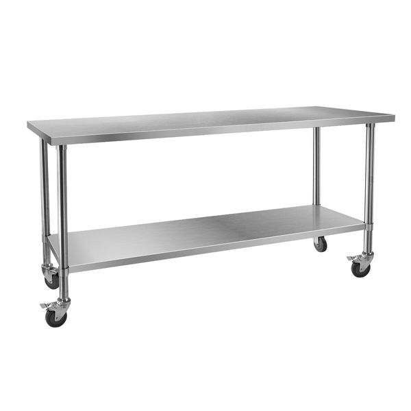 Kitchen Work Bench Stainless Steel Countertop Food Prep Table Island Cart Rolling Trolley with Wheels Benchtop Storage 430 Commercial 182.9x61cm