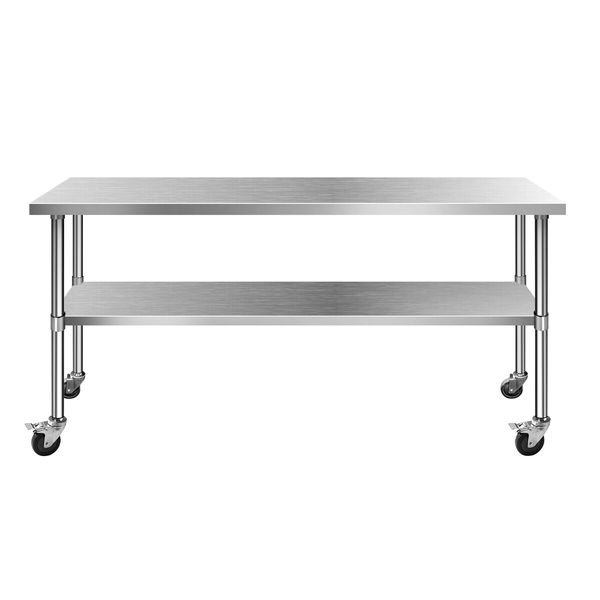 Kitchen Work Bench Stainless Steel Countertop Food Prep Table Island Cart Rolling Trolley with Wheels Benchtop Storage 430 Commercial 182.9x61cm