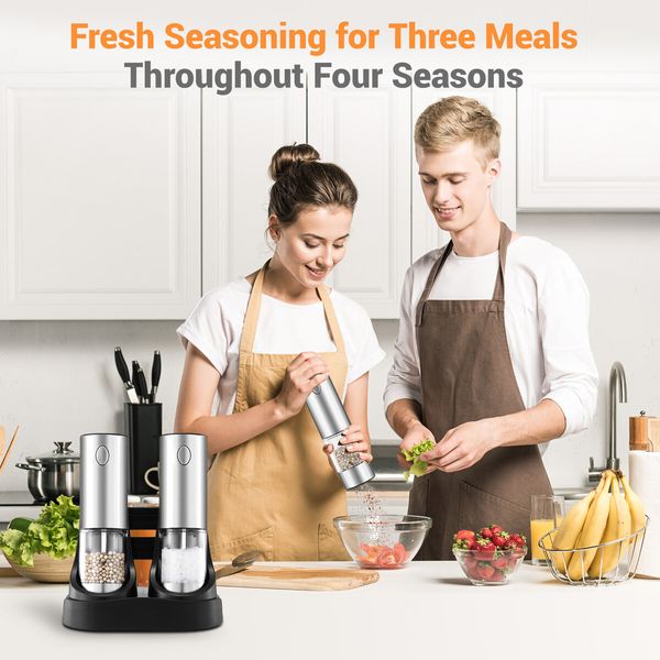 Electric Salt and Pepper Grinder Set 2PCS Stainless Steel Ceramic Mill USB Rechargeable Refillable Spice Shaker Blender Automatic Grinding Kitchen