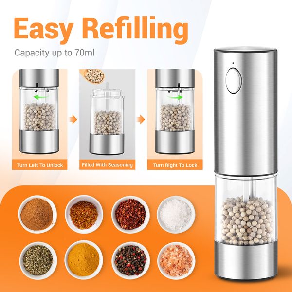 Electric Salt and Pepper Grinder Set 2PCS Stainless Steel Ceramic Mill USB Rechargeable Refillable Spice Shaker Blender Automatic Grinding Kitchen