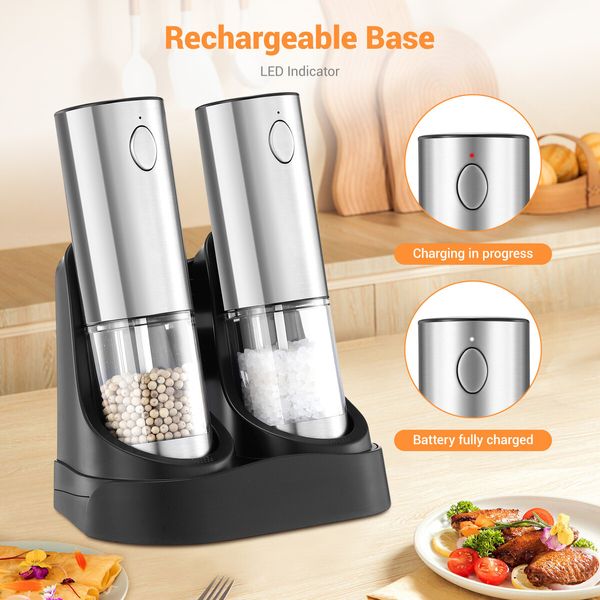 Electric Salt and Pepper Grinder Set 2PCS Stainless Steel Ceramic Mill USB Rechargeable Refillable Spice Shaker Blender Automatic Grinding Kitchen