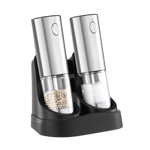 Electric Salt and Pepper Grinder Set 2PCS Stainless Steel Ceramic Mill USB Rechargeable Refillable Spice Shaker Blender Automatic Grinding Kitchen