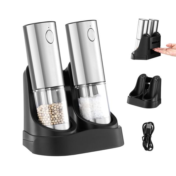 Electric Salt and Pepper Grinder Set 2PCS Stainless Steel Ceramic Mill USB Rechargeable Refillable Spice Shaker Blender Automatic Grinding Kitchen