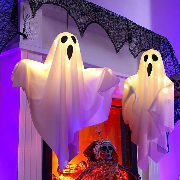 Pack of 1 White Light-Up Ghost Fabric Decoration Bendable Spooky Hanging for Halloween Parties and Houses