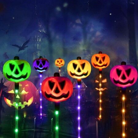 PUMPKIN  Solar Light Garden Lights 6 in 1 Halloween String Solar Halloween Decorative LED Outdoor Waterproof Ghost Stake Lights for Pathway Yard Garden Decoration