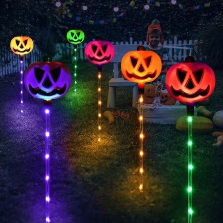 PUMPKIN  Solar Light Garden Lights 6 in 1 Halloween String Solar Halloween Decorative LED Outdoor Waterproof Ghost Stake Lights for Pathway Yard Garden Decoration