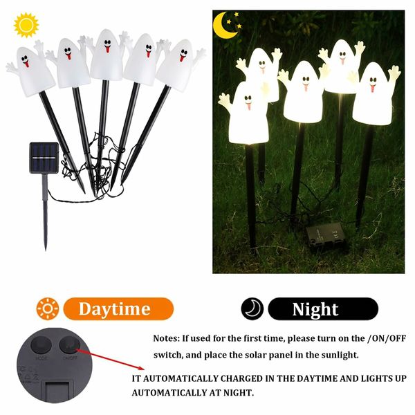 Ghost Light Solar Garden Lights 5 in 1 Halloween String Solar Halloween Decorative LED Outdoor Waterproof Ghost Stake Lights for Pathway Yard Garden Decoration