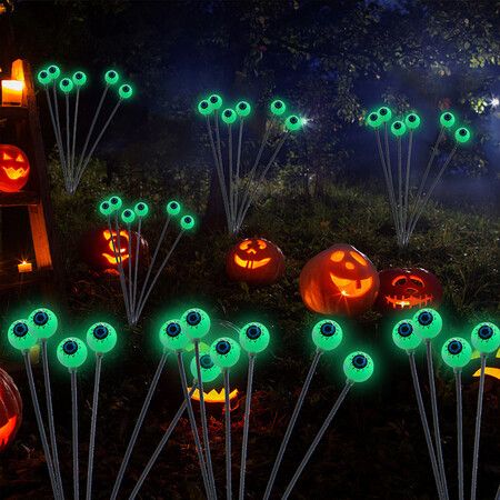 2Packs 8LEDs Halloween Decorations Solar Power Eyeball Lights Swaying Wind Waterproof Solar Halloween Outdoor Lights Garden Yard Haunting House COL.Green