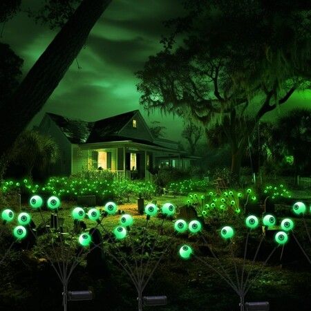 2Packs 8LEDs Halloween Decorations Solar Power Eyeball Lights Swaying Wind Waterproof Solar Halloween Outdoor Lights Garden Yard Haunting House COL.Green