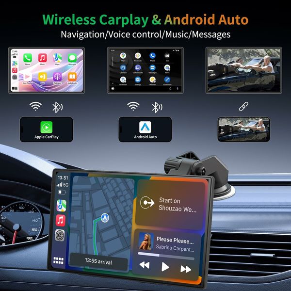 9 Inch Wireless Carplay Android Auto 4K Dash Cam 1080P Backup Camera IPS Touchscreen AirPlay Mirror Link GPS Bluetooth FM Transmitter