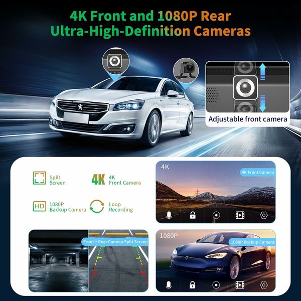 9 Inch Wireless Carplay Android Auto 4K Dash Cam 1080P Backup Camera IPS Touchscreen AirPlay Mirror Link GPS Bluetooth FM Transmitter