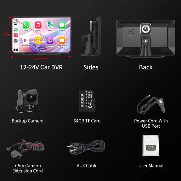 9 Inch Wireless Carplay Android Auto 4K Dash Cam 1080P Backup Camera IPS Touchscreen AirPlay Mirror Link GPS Bluetooth FM Transmitter