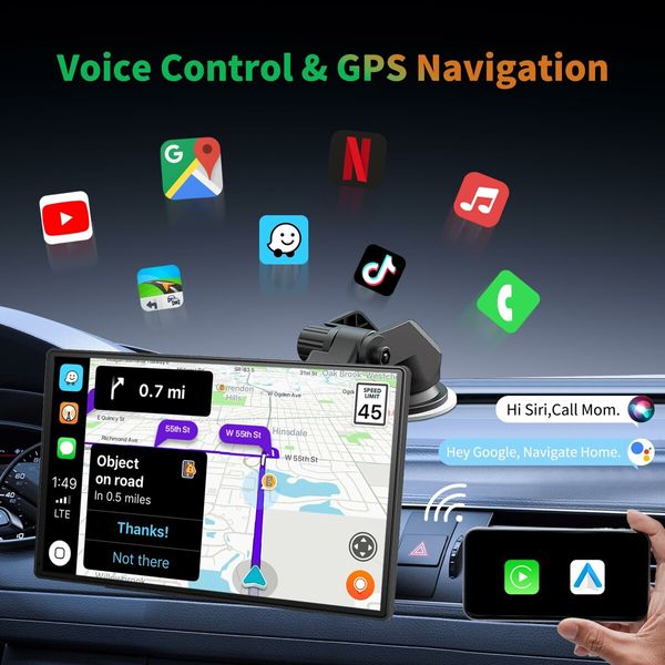 9 Inch Wireless Carplay Android Auto 4K Dash Cam 1080P Backup Camera IPS Touchscreen AirPlay Mirror Link GPS Bluetooth FM Transmitter