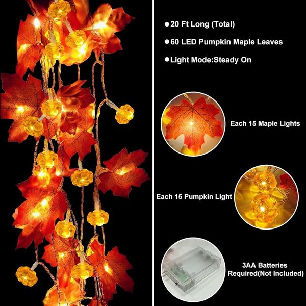 Fall Pumpkin Garland Lights, Fall Decorations Realistic Larger Maple Leafed String Light, 1Pcs