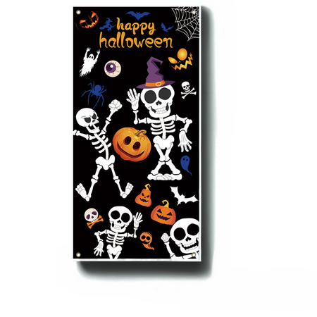 Halloween Skeleton Door Decoration Door Cover Backdrop Decoration Porch Sign for Front Door Indoor Outdoor Halloween Party Decorations