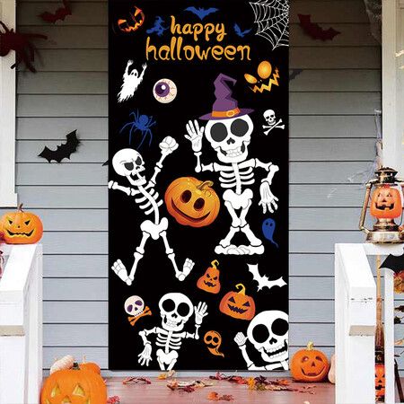 Halloween Skeleton Door Decoration Door Cover Backdrop Decoration Porch Sign for Front Door Indoor Outdoor Halloween Party Decorations