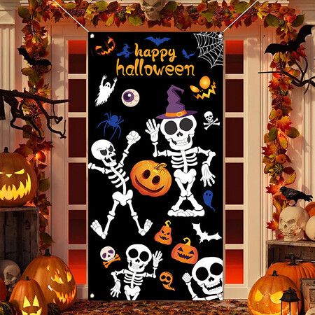 Halloween Skeleton Door Decoration Door Cover Backdrop Decoration Porch Sign for Front Door Indoor Outdoor Halloween Party Decorations