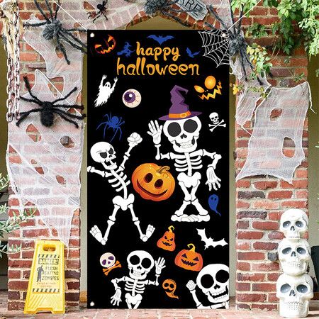 Halloween Skeleton Door Decoration Door Cover Backdrop Decoration Porch Sign for Front Door Indoor Outdoor Halloween Party Decorations