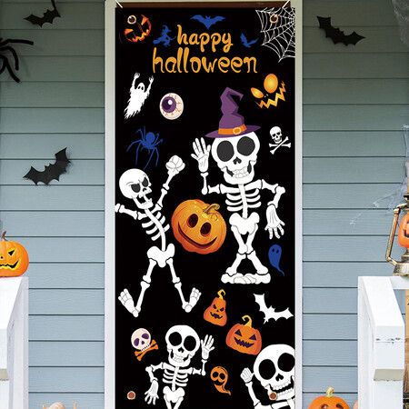 Halloween Skeleton Door Decoration Door Cover Backdrop Decoration Porch Sign for Front Door Indoor Outdoor Halloween Party Decorations