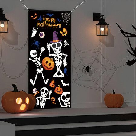 Halloween Skeleton Door Decoration Door Cover Backdrop Decoration Porch Sign for Front Door Indoor Outdoor Halloween Party Decorations