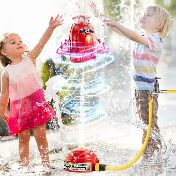 Water Rocket Launcher Sprinkler for Kids,Outdoor Water Toys,Summer Backyard Outside Game for Yard Lawn,Birthday for Toddlers Boys Girls,Age3+,Red