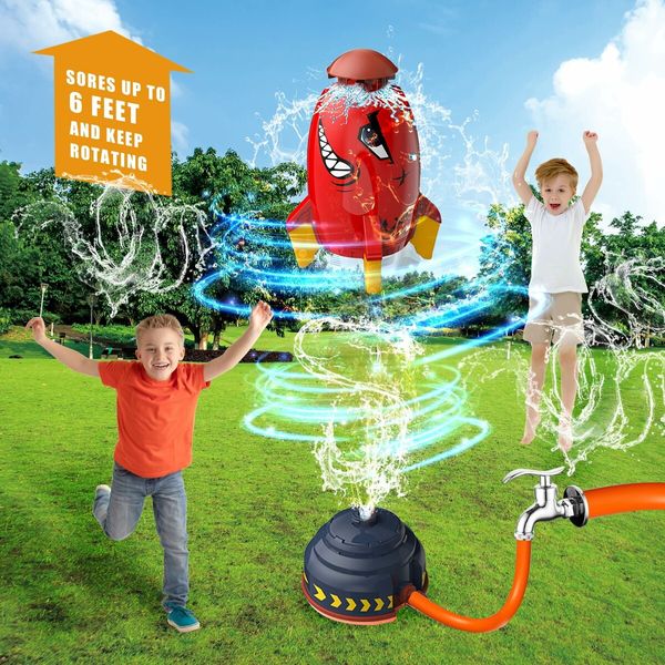 Sprinkler Rocket Launcher,Outdoor Water Toys Rocket Sprinkler for Kids,Summer Garden Backyard Games,for Boys Girls Age 3+,Red