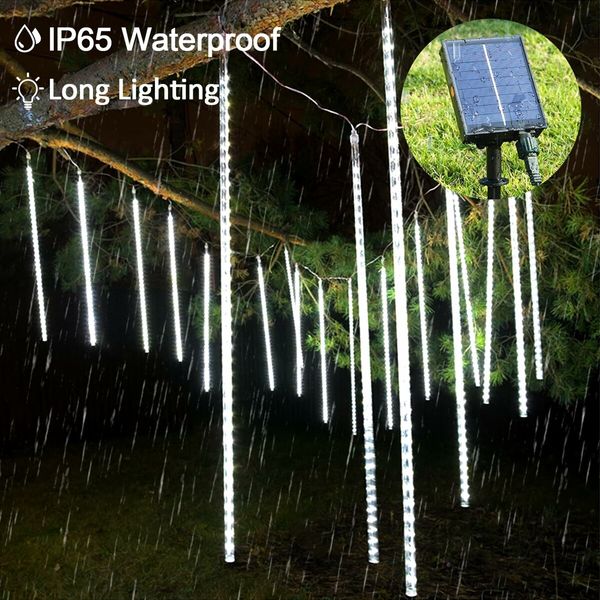 Solar Meteor Shower Lights 10 Tubes 30cm 6.6m  Remote Waterproof String Lights Party Wedding Tree Halloween Christmas Outdoor Decorations Col.Blue