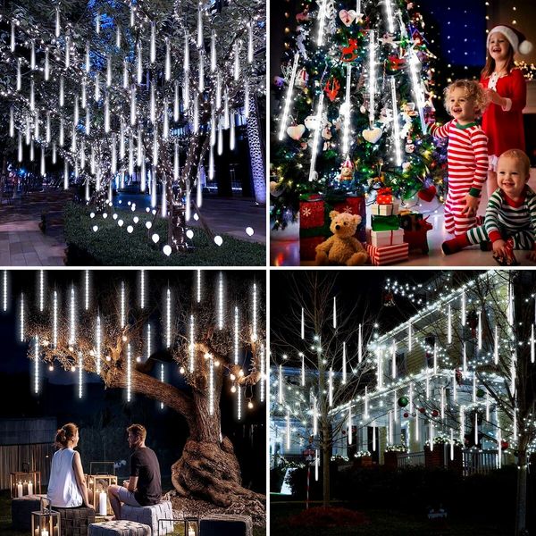 Solar Meteor Shower Lights 10 Tubes 30cm 6.6m  Remote Waterproof String Lights Party Wedding Tree Halloween Christmas Outdoor Decorations Col.Blue