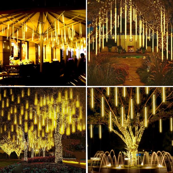 Solar Meteor Shower Lights 10 Tubes 30cm 6.6m  Remote Waterproof String Lights Party Wedding Tree Halloween Christmas Outdoor Decorations Col.Blue