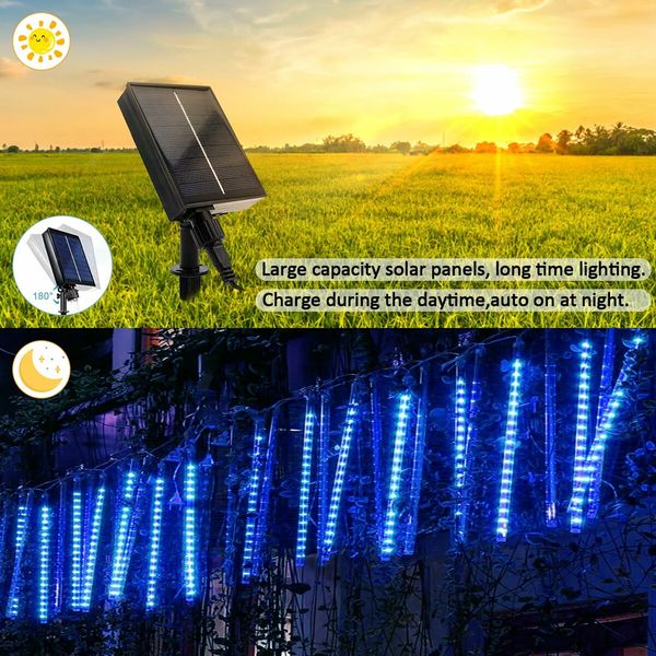 Solar Meteor Shower Lights 10 Tubes 30cm 6.6m  Remote Waterproof String Lights Party Wedding Tree Halloween Christmas Outdoor Decorations Col.Blue