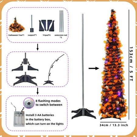 1.5m Purple Tinsel Pop Up Halloween Christmas Tree with  LED Lights Built  Pumpkin Ornaments Indoor Decoration (Orange)