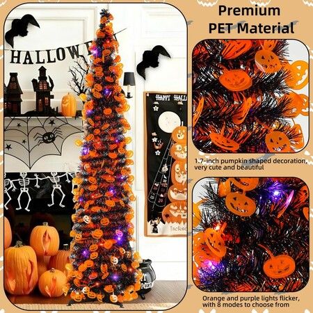 1.5m Purple Tinsel Pop Up Halloween Christmas Tree with  LED Lights Built  Pumpkin Ornaments Indoor Decoration (Orange)