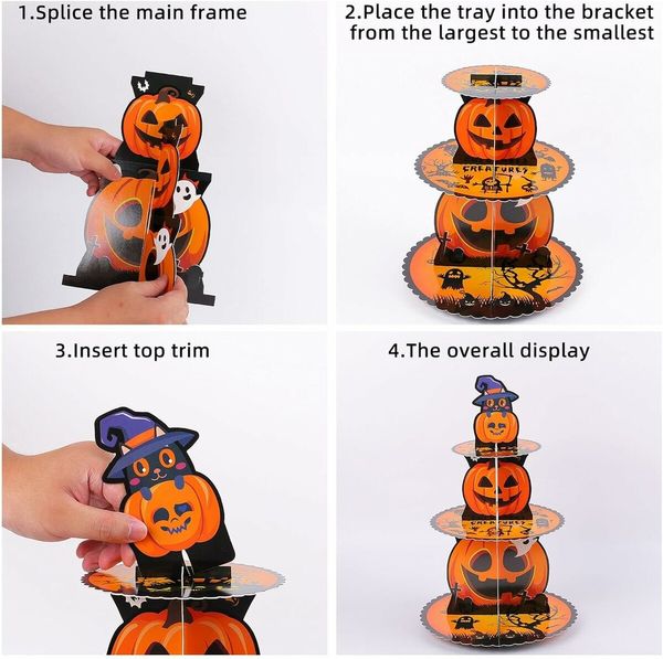 1 Pack 3 Tier Halloween Pumpkin Themed Cupcake Stand Multi Tier 3D Paper DIY Dessert Tower for Parties Weddings and Events