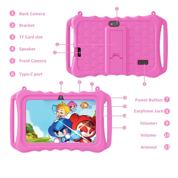 7 inch Android 11 Kids Tablet 2GB RAM 32GB ROM with WiFi, Bluetooth, Control Pre-Installed Apps, Dual Camera (Pink)