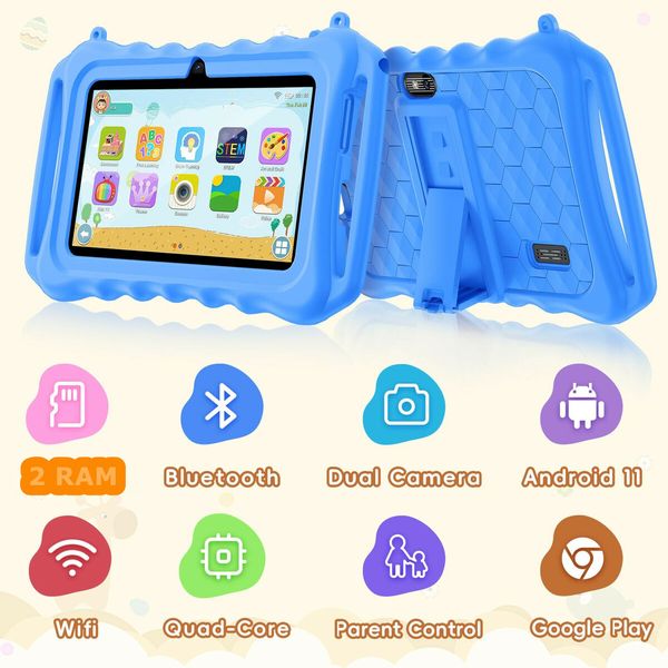 7 inch Android 11 Kids Tablet 2GB RAM 32GB ROM with WiFi, Bluetooth, Control Pre-Installed Apps, Dual Camera (Blue)