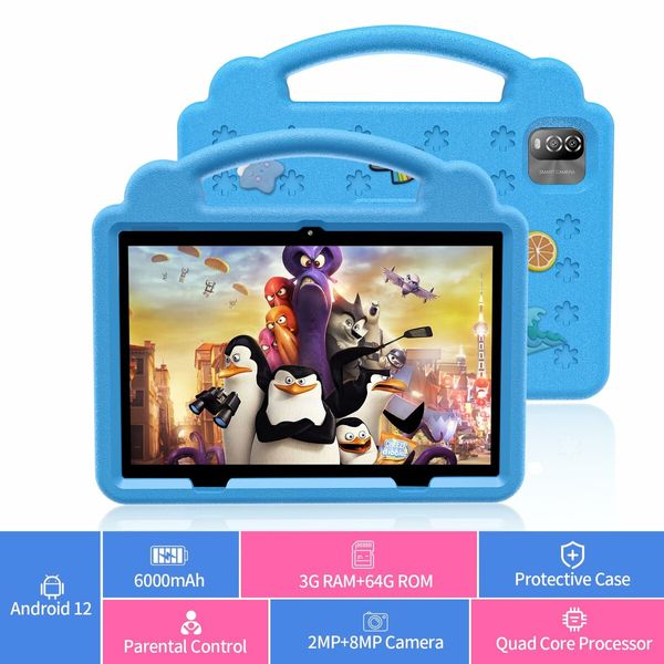 Kids Tablet 10 Inch, Android 12 Tablet 3GB RAM 64GB Storage with Time Limits, Age Filters, More with Parental Controls,Google Playstore (Blue)