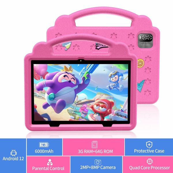 Kids Tablet 10 Inch, Android 12 Tablet 3GB RAM 64GB Storage with Time Limits, Age Filters, More with Parental Controls,Google Playstore (Pink)