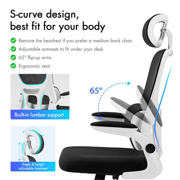 NEADER Ergonomic Mesh Office Chair Computer Desk Armchair Adjustable High Back Swivel Executive Work Gamer Modern Comfortable Seating Black White