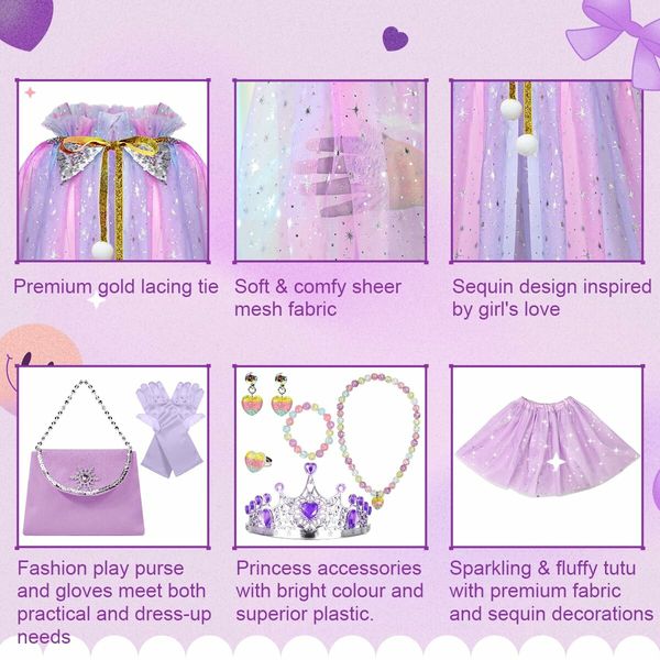 Princess Dress Up Clothes for Little Girl,11Pcs Princess Cape with Crown,Princess Dresses for Girl Age3+ Birthday Gift (Purple)