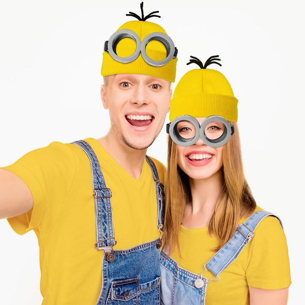 3 Pcs Halloween Costume Accessories,Goggles Glasses/Yellow Beanie/Gloves for Men Women Cosplay Party Set