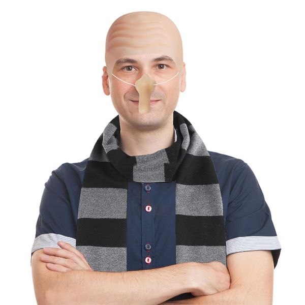 4 Pcs Halloween Costume Accessories,Black Gray Striped Scarf/Fake Nose/Bald Cap for Men Cosplay Set