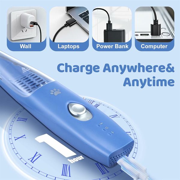 Dog Cat Home Hair Clipper Vacuum Portable Electric USB Rechargeable Pet Grooming Tools, Blue