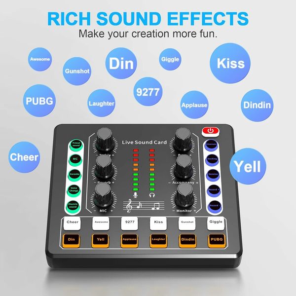 Audio Mixer,Audio Interface with DJ Mixer Live Sound Card Effects and Voice Changer, Podcast Equipment Bundle Stereo DJ Studio Streaming, Prefect for Live Streaming, Podcasting, Gaming